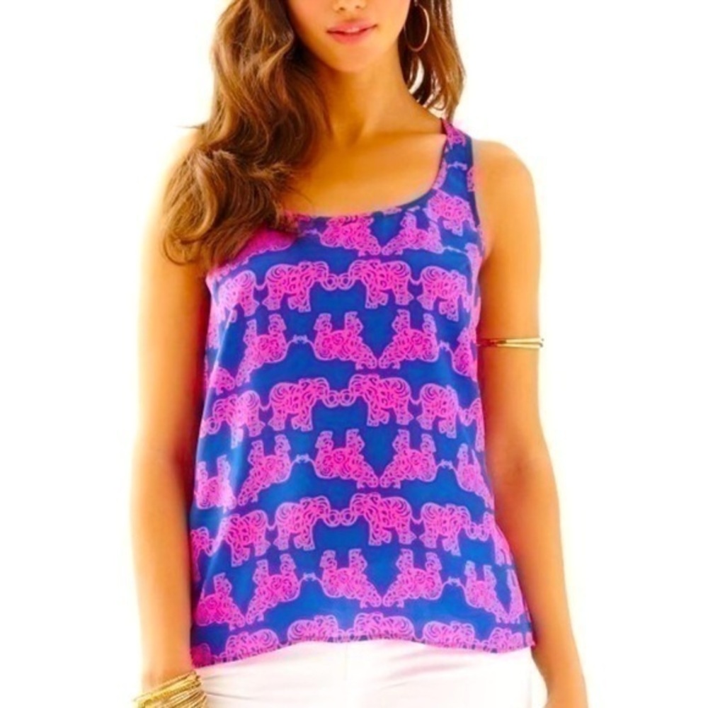 Lilly Pulitzer S Blue Pink Silk Elephant Pack Your Trunk Print Aerial Top Tank